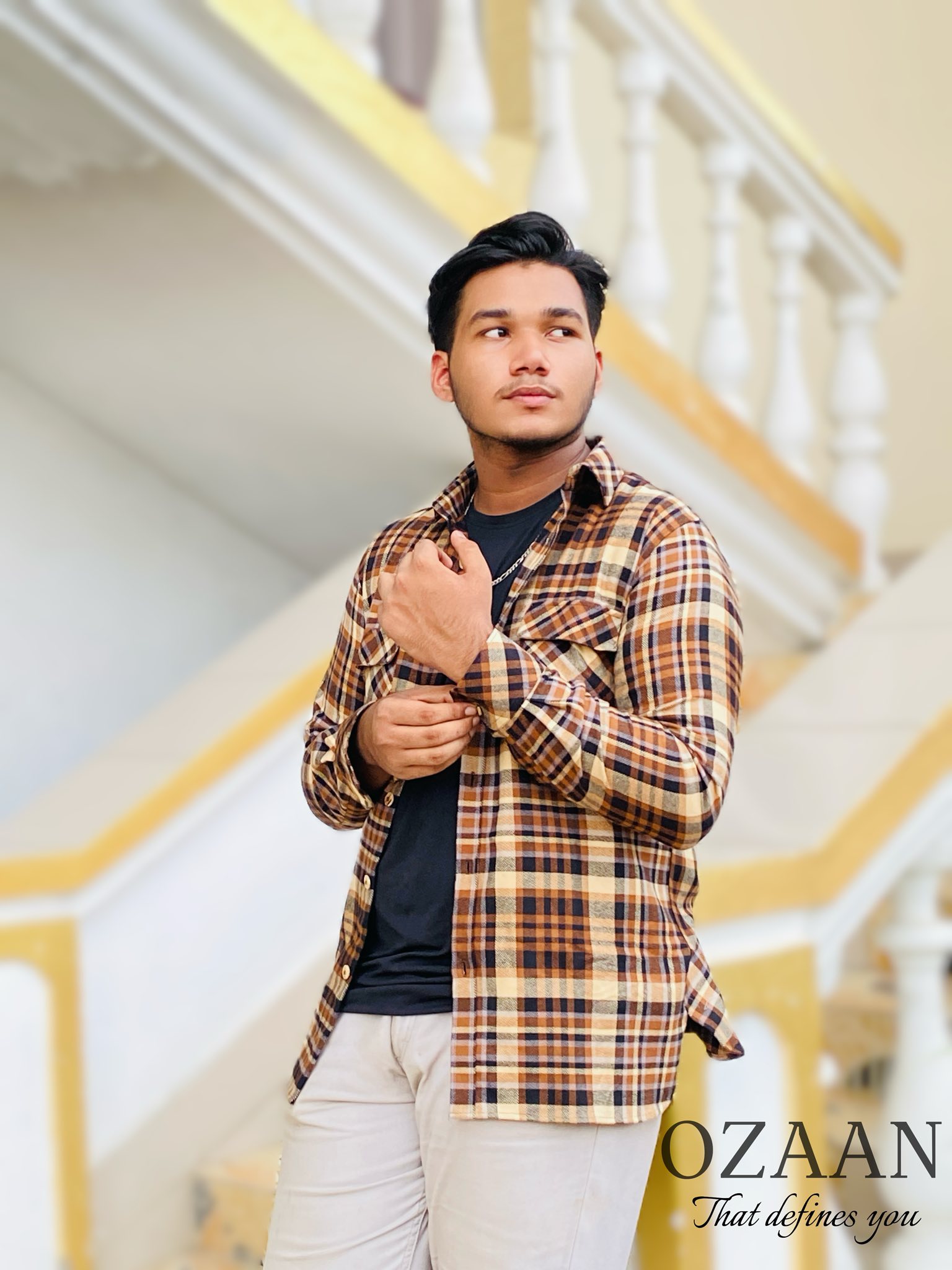 OZAAN Men's Classic Plaid Flannel Overshirt - Brown & Tan