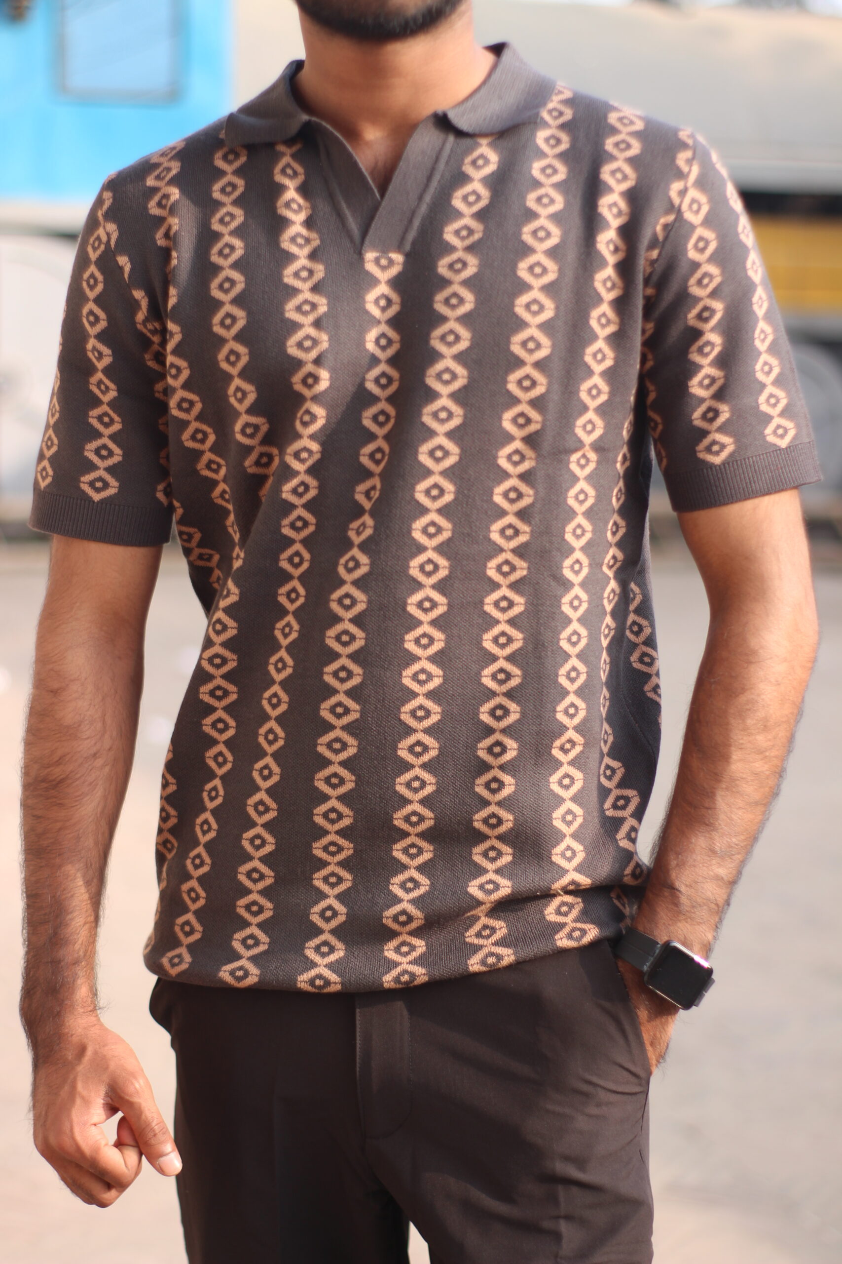 the heritage knit: men's old money polo in charcoal & bronze the heritage knit: men's old money polo in charcoal & bronze