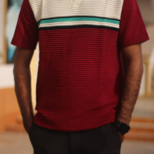 Sale old money textured knit polo – limited edition retro cream & burgundy striped shirt