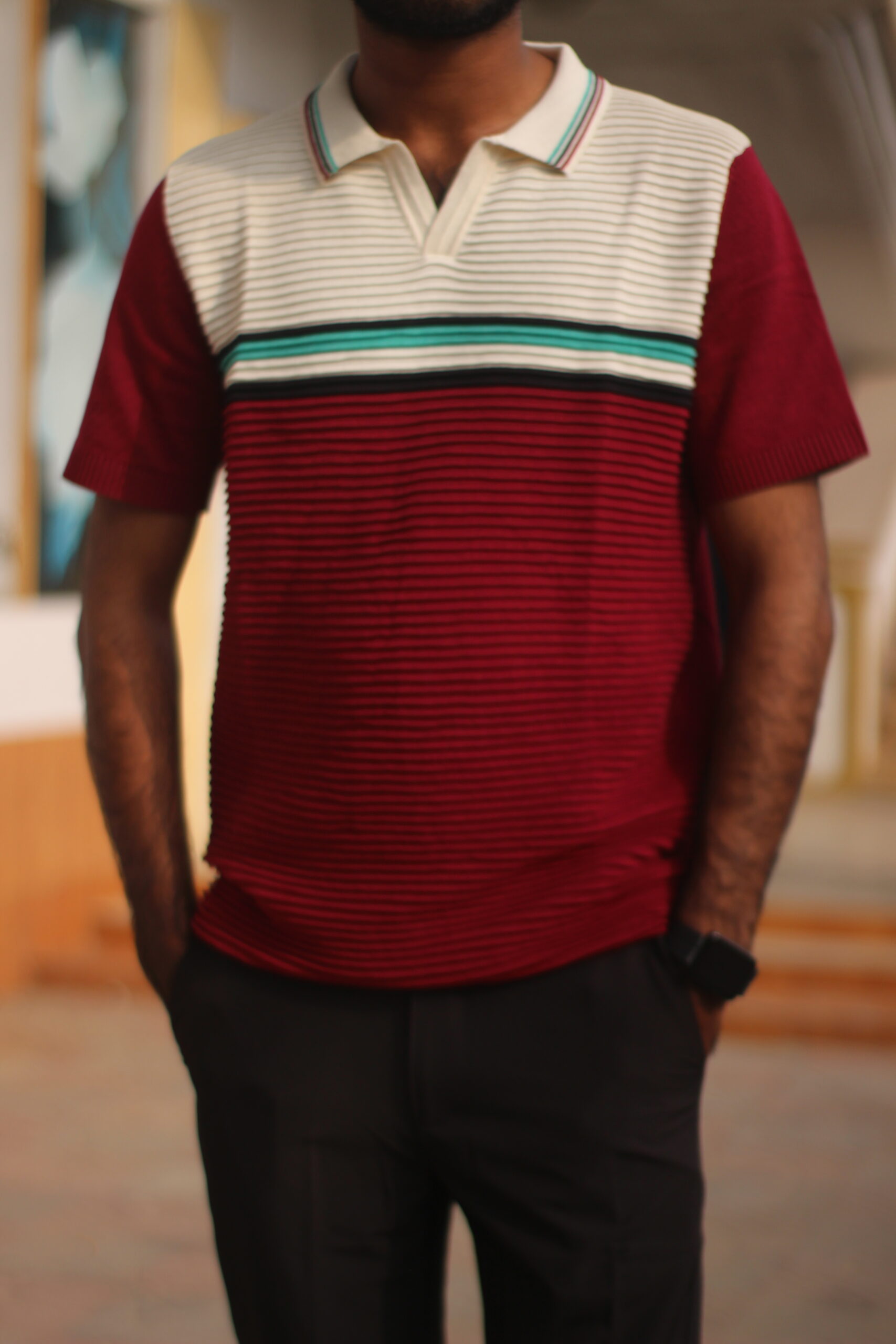 Old Money Textured Knit Polo – Limited Edition Retro Cream & Burgundy Striped Shirt